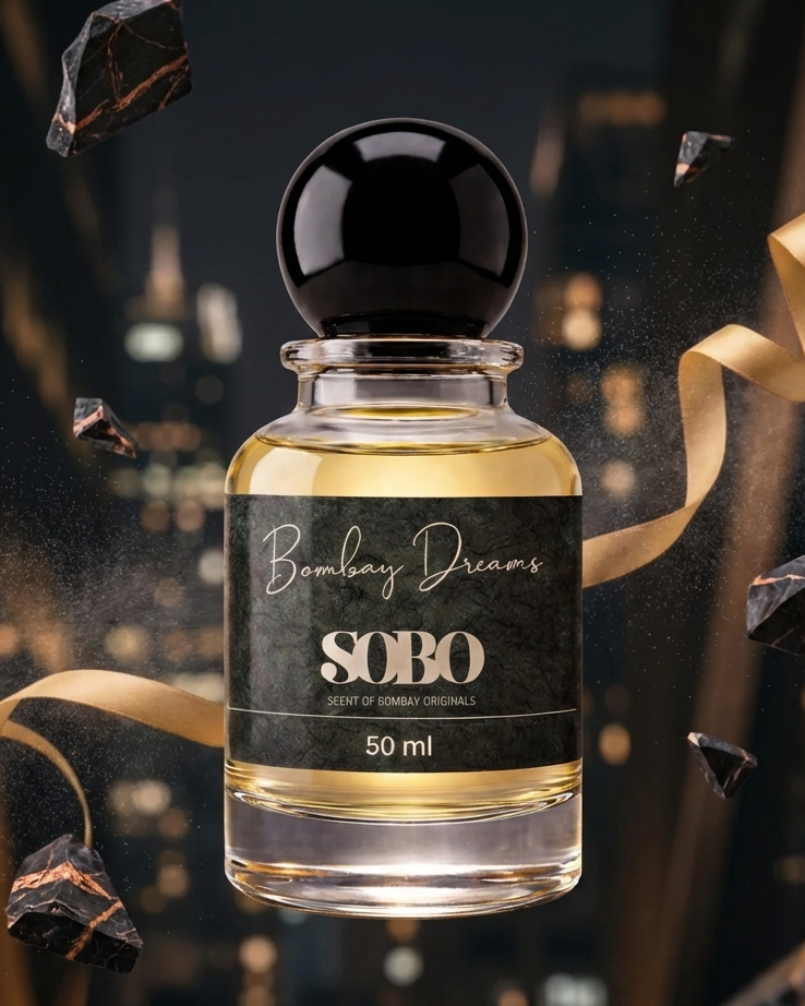 Bottle of Bombay Dreams SOBO perfume with decorative elements on a dark background