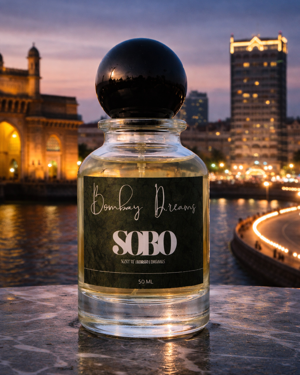 Bottle of SOBO Bombay Dreams against a cityscape background